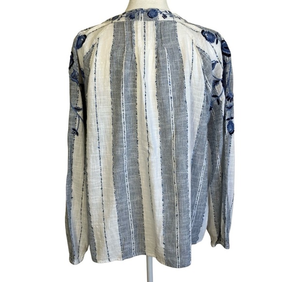 New Directions Embroidered Boho Split Neck Peasant Blouse Blue White Tassels XL - Picture 8 of 16